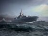A formation of large warships sailing through rough seas under a cloudy, stormy sky.