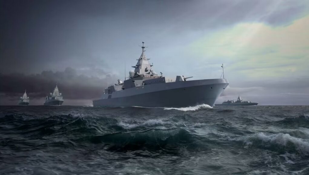 A formation of large warships sailing through rough seas under a cloudy, stormy sky.