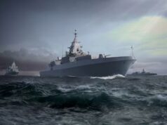 Saab wins huge deal to fit out German frigates A formation of large warships sailing through rough seas under a cloudy, stormy sky.