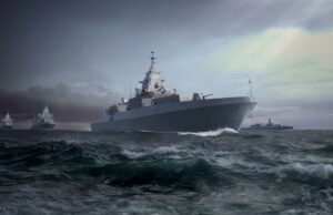 Saab wins huge deal to fit out German frigates A formation of large warships sailing through rough seas under a cloudy, stormy sky.
