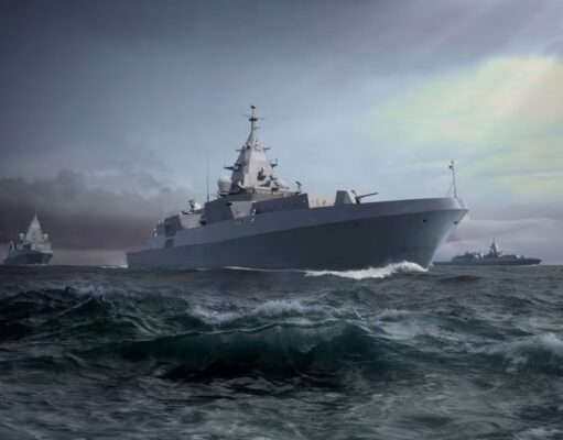 Saab wins huge deal to fit out German frigates A formation of large warships sailing through rough seas under a cloudy, stormy sky.
