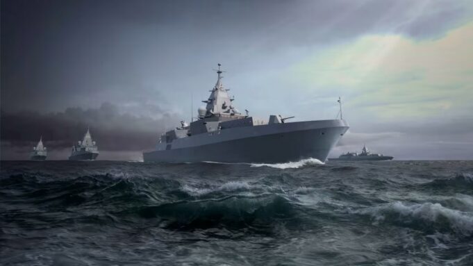 Saab wins huge deal to fit out German frigates A formation of large warships sailing through rough seas under a cloudy, stormy sky.