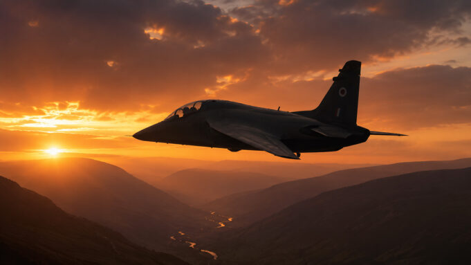 Number of new training jets for RAF still undecided Two-seat military trainer jet silhouetted against a glowing orange sunset over a winding river and mountainous valleys.