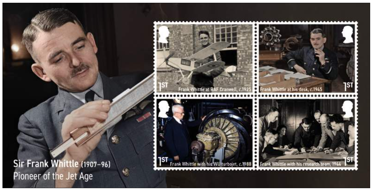 Portrait of Sir Frank Whittle studying a design, with four commemorative stamps about his jet engine work nearby.