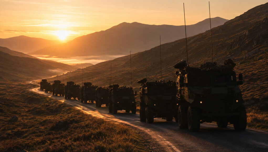 Convoy of armored military vehicles driving along a mountain road at sunset, silhouetted against a golden valley.