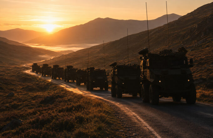 Convoy of armored military vehicles driving along a mountain road at sunset, silhouetted against a golden valley.
