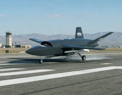 MGI Engineering unveils Vortex drone for StormFighter bid Unmanned military drone taxiing on a runway with a control tower and desert mountains in the background.