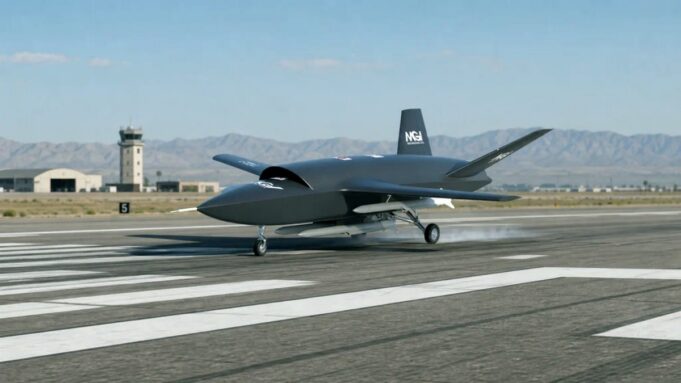 Unmanned military drone taxiing on a runway with a control tower and desert mountains in the background.