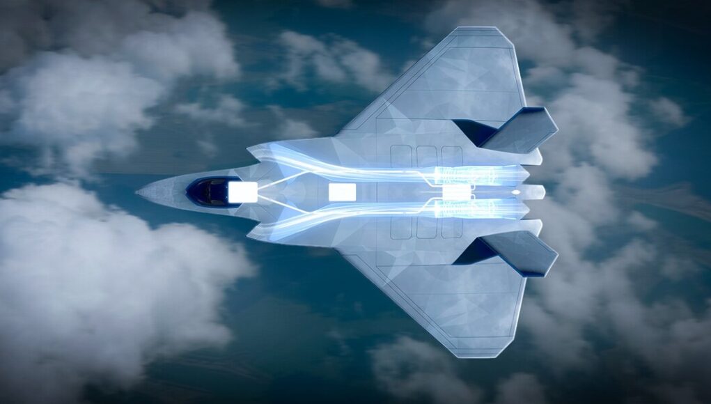 rrgcap Top-down view of a futuristic aircraft slicing through blue sky and clouds, glowing propulsion visible along its belly