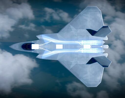 Engine for Britain’s next fighter jet moves toward testing Top-down view of a futuristic aircraft slicing through blue sky and clouds, glowing propulsion visible along its belly