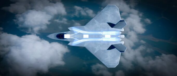 Top-down view of a futuristic aircraft slicing through blue sky and clouds, glowing propulsion visible along its belly