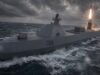 Navy wargamed hybrid fleet and still needs crewed warships Military submarine at sea launches a missile from its rear, bright flame and smoke rising as stormy clouds loom overhead.
