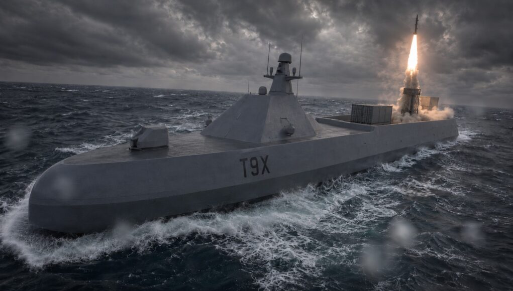 type91usv Military submarine at sea launches a missile from its rear, bright flame and smoke rising as stormy clouds loom overhead.