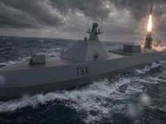 UK seeks naval missile silos that fire without crews aboard Military submarine at sea launches a missile from its rear, bright flame and smoke rising as stormy clouds loom overhead.