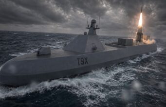 UK seeks naval missile silos that fire without crews aboard Military submarine at sea launches a missile from its rear, bright flame and smoke rising as stormy clouds loom overhead.