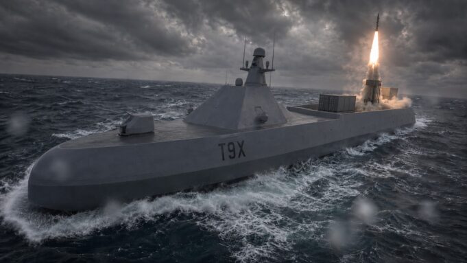 UK seeks naval missile silos that fire without crews aboard Military submarine at sea launches a missile from its rear, bright flame and smoke rising as stormy clouds loom overhead.