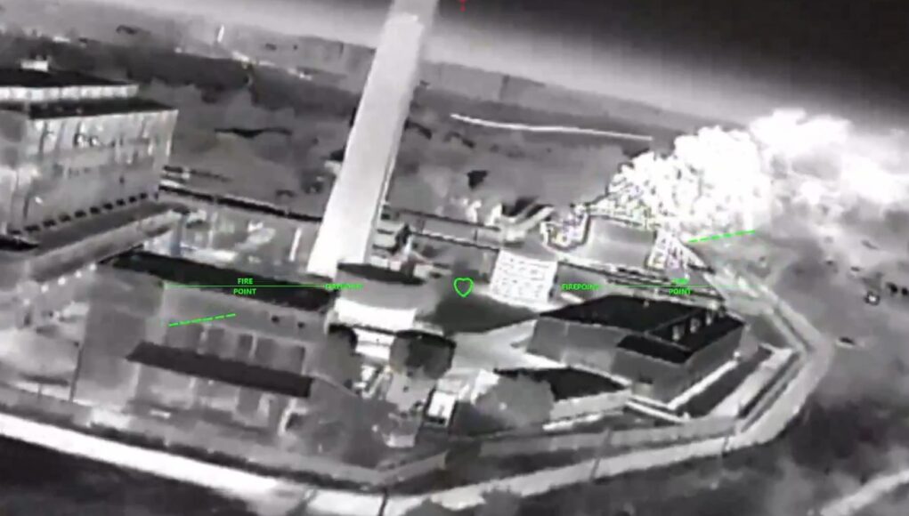 Night-vision aerial view of a rooftop building with smoke plume on the right and green HUD markers labeled 'FIRE POINT'.