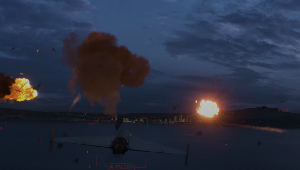 Raid_Hunter_Release_LOW_RES Nighttime air battle: a fighter jet over water with two large explosions on the horizon and a red HUD overlay indicating targets.
