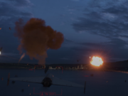 Northrop reveals 50mm gun built to beat drone swarms Nighttime air battle: a fighter jet over water with two large explosions on the horizon and a red HUD overlay indicating targets.
