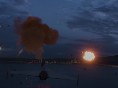 Northrop reveals 50mm gun built to beat drone swarms Nighttime air battle: a fighter jet over water with two large explosions on the horizon and a red HUD overlay indicating targets.