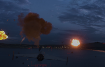 Nighttime air battle: a fighter jet over water with two large explosions on the horizon and a red HUD overlay indicating targets.