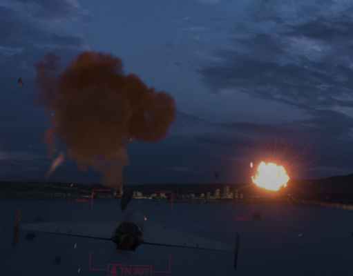 Northrop reveals 50mm gun built to beat drone swarms Nighttime air battle: a fighter jet over water with two large explosions on the horizon and a red HUD overlay indicating targets.
