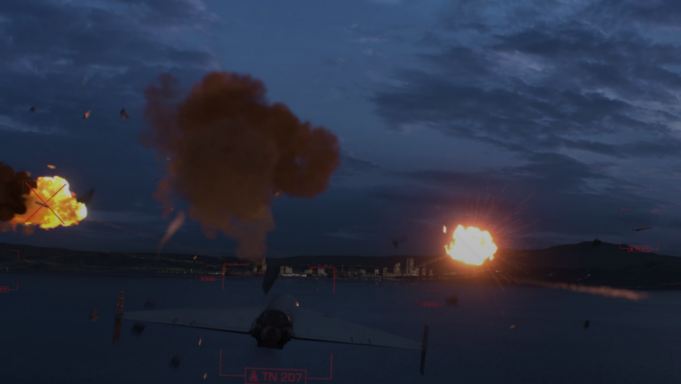 Nighttime air battle: a fighter jet over water with two large explosions on the horizon and a red HUD overlay indicating targets.