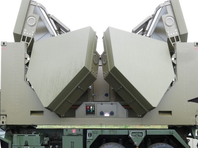 QinetiQ placed to bring Australian radar to Britain Two large olive-green panels folded into a symmetric V shape on a military vehicle, suggesting a radar or missile launcher mounted on a truck chassis.