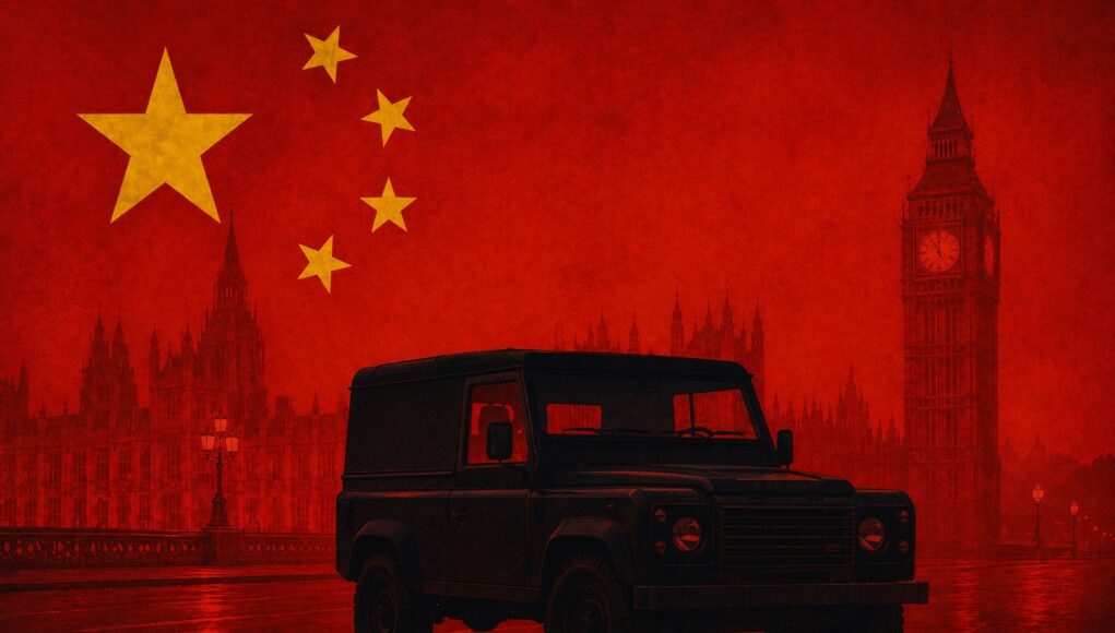 lmpchinese Dark off-road vehicle in a red-tinted London skyline with a large Chinese flag and stars overhead.