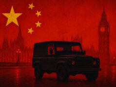 UK bars Chinese suppliers from military vehicle competition Dark off-road vehicle in a red-tinted London skyline with a large Chinese flag and stars overhead.