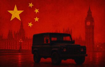 Dark off-road vehicle in a red-tinted London skyline with a large Chinese flag and stars overhead.