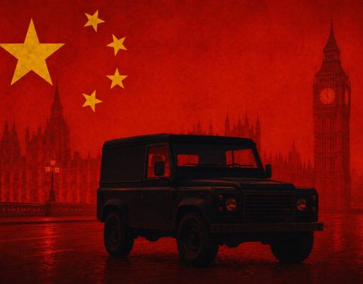 Dark off-road vehicle in a red-tinted London skyline with a large Chinese flag and stars overhead.