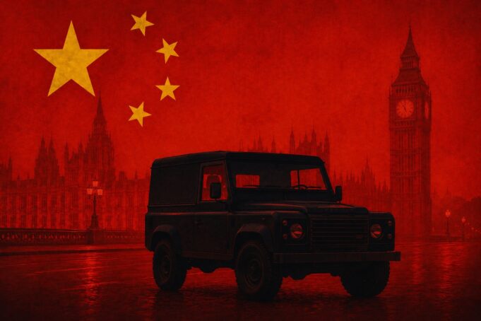 Dark off-road vehicle in a red-tinted London skyline with a large Chinese flag and stars overhead.
