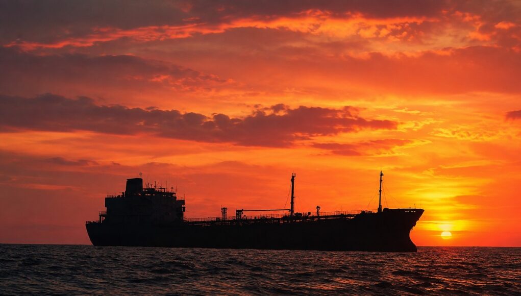 Silhouetted cargo ship on a choppy sea at sunset with an orange sky behind it