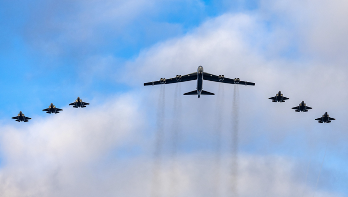 American bomber escorted by British and Norwegian F-35s